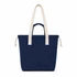 A navy blue tote bag with cream-coloured handles and a drawstring closure, featuring a logo.
