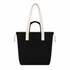 A black tote bag with cream handles and a drawstring closure, featuring a logo.
