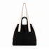 A black tote bag with a drawstring closure, featuring a front pocket and dual straps in a contrasting colour.