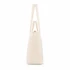 A beige tote bag with a drawstring closure and long, flat handles. It features a branding logo.