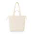 A cream-coloured tote bag with a front pocket and two handles. It features a branding logo.