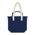 A navy tote bag with cream handles and a front pocket, featuring a branded logo.