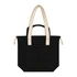 A black tote bag with beige handles and a front pocket, featuring a logo.