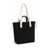 A black tote bag with cream straps and a front pocket, featuring a drawstring closure.