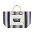A striped tote bag with a cream base and navy blue stripes. It features a front pocket and a logo.