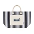 A striped navy and cream tote bag featuring a front pocket and handles, with a logo on the pocket.