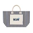 A striped tote bag in navy and cream with a front pocket and a branded logo.