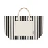 A striped tote bag featuring black and cream colours, with a solid cream pocket and handles. It has a brand logo.