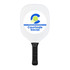 A white pickleball paddle with a black handle and a logo featuring a green ball and blue text.