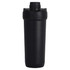 A drink bottle in matte black with a screw-top lid and a logo on the side.