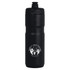 A drink bottle in matte black with a screw-on lid and a logo on the front. It holds 750ml.