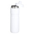 A drink bottle in white, featuring a screw-on cap and a metal opening, ideal for sports and outdoor activities.