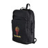 A black backpack with a large front pocket, featuring a logo on the front.