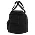 A black duffel bag with dual handles and a side pocket, featuring a logo on the front.