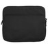 A black laptop sleeve with a zipped front pocket and a smooth surface. It features a logo on the front.