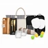 A tote bag with navy stripes, a cheese knife set, glass tumblers, paddles, and colourful balls.