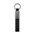 A black keytag featuring a flat rectangular metal section and a circular attachment ring.