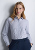 A long sleeve women's shirt in navy and white check pattern, featuring a collar and button-down front.
