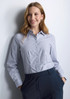 A long sleeve women's shirt in a blue and white check pattern, featuring a collar and a logo.