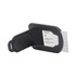 A black luggage tag with a foldable design, featuring a clear slot for personal information. Includes a logo.