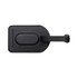 A black luggage tag with a textured surface and an adjustable strap, featuring a branding logo.