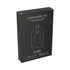 A black packaging box featuring an illustration of a luggage tag. Includes a logo and product details.