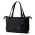 A black tote bag with dual handles and a zippered closure. It features a logo on the front.