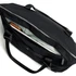 A black tote bag with an open zipper, revealing a light grey interior and a laptop inside. It features two handles and a logo.