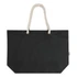 A black tote bag with a rope handle and a fabric logo tag.