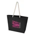 A black recycled tote bag with a rope handle and a logo featuring pink text.