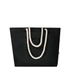 A black tote bag with white rope handles and a logo. Simple design suitable for carrying items.