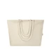 A cream beach tote bag with thick rope handles, featuring a logo.