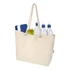 A beige tote bag with a rope handle, featuring two water bottles, a notebook, and a pear inside.