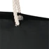 A black beach tote bag with a white rope handle and a silver eyelet. It features a simple, modern design.