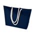 A navy blue beach tote bag with white rope handles and a branding logo.