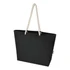 A black recycled beach tote bag with white rope handles and a logo. Simple and spacious design for carrying items.