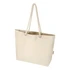 A cream-coloured tote bag with rope handles and a simple design, featuring a logo on the side.