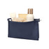 A navy toiletry pouch containing various beauty products, including lotions and a loofah, with a visible logo.