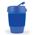 A blue reusable coffee cup with a silicone band and a lid equipped with a drinking spout.