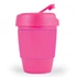 A reusable coffee cup in vibrant pink with a silicone band and a flip lid. Features a logo.