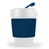 A reusable coffee cup in white with a dark blue silicone band and a matching blue lid. It features a logo.