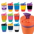 A collection of reusable coffee cups in various vibrant colours, each with a silicone band and a lid with a spout.