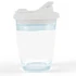 A reusable coffee cup with a clear body and a white snap lid. The cup features a blank white sleeve for customization.