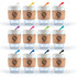 A collection of reusable coffee cups with cork bands and colorful straws in various colors arranged in a grid pattern.
