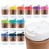 A reusable coffee cup with a cork band, featuring a variety of lid colors including white, red, pink, green, blue, and black.