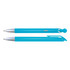 A plastic pen in a vibrant turquoise color with a silver clip and accents, featuring a sleek, streamlined design.