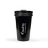 A drink bottle with a black finish, featuring a secure lid and a logo. Ideal for travel and fitness use.