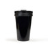 A black vacuum cup with a secured lid, featuring a sleek, glossy finish and a branding logo.