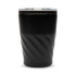A reusable coffee cup with a matte black finish and a twisted texture, featuring a clear lid.