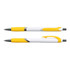 A white and yellow Vespa Pen with a sleek design, featuring a comfortable grip and a click mechanism.